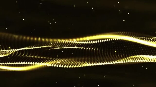 Glowing gold particles and gold particles wave animation background video. Abstract movement background, shining lights, energy waves and sparkling particles, capable of rotating.