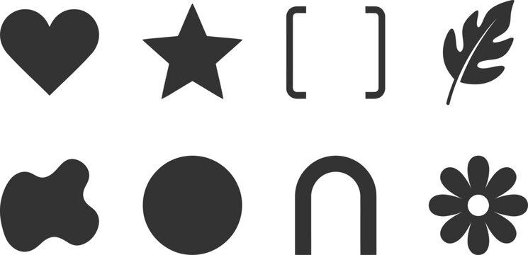 Collection of basic design elements and geometric shapes including hearts stars and floral botanical icons