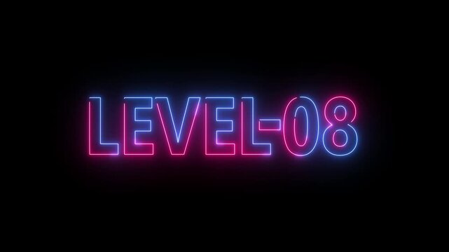 Neon line level up 8 number animation with saber on black background. Video game style LEVEL UP. Neon level up sign. Level - 08 text countdown animation. Level -08