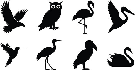 Bird Silhouette Vector Collection Featuring Eagle, Owl, Flamingo, Pelican, Hummingbird, Crane, Dodo, and Swan Designs © Abujh