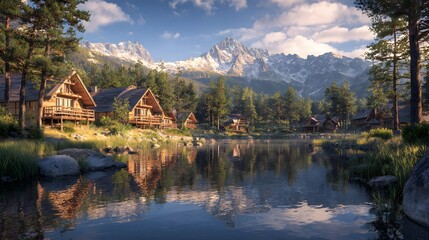 Obraz premium Luxury mountain lodge cabins by a serene lake with snowy peaks and lush green forest