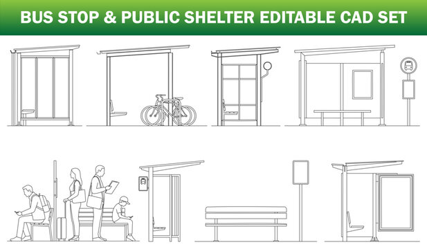 Bus Stop and Public Shelter CAD Set Transit Shelters, Waiting Areas, Bus Stations and Urban Street Furniture &ndash; CAD Block Collection Side Elevation, Clean Thin Line Architectural Style