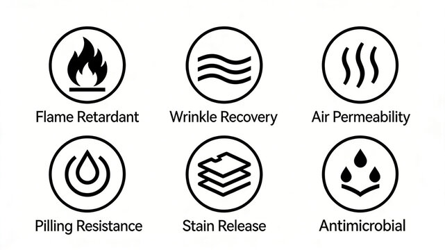Circular icon of flame wave steam droplet overlay fabric, flame retardant, wrinkle resistant, breathable, anti pilling, easy to clean and antibacterial, workwear and professional functional fabric.
