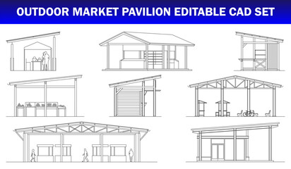 Fototapeta premium Outdoor Market Pavilion CAD Structures Open Air Market Shelters, Vendor Pavilions, Community Canopies and Commercial Gathering Spaces – CAD Block Set Side Elevation, Clean Thin Line Architectural