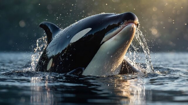 Close-up portrait of an orca surfacing through a ring of sparkling droplets ai