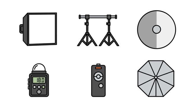 Photography studio equipment flat vector icons set, including softbox, light stands, reflector, light meter, remote control, and octabox, essential tools for professional photo shoots