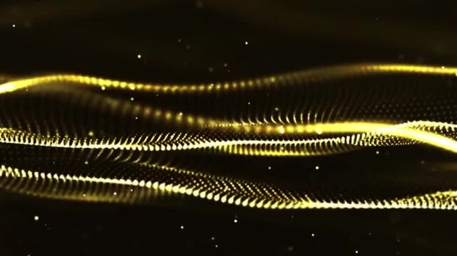 Glowing gold particles and gold particles wave animation background video. Abstract movement background, shining lights, energy waves and sparkling particles, capable of rotating.