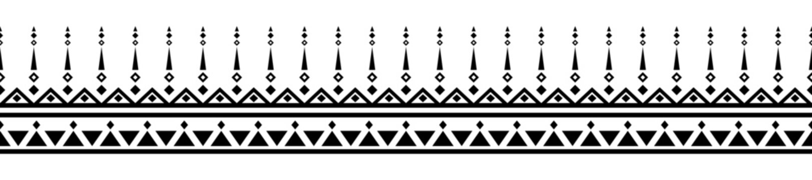 Stylish black geometric border featuring tribal-inspired triangles, diamonds, and linear motifs. Perfect for textile prints, packaging, invitations, crafts, and decorative design projects.