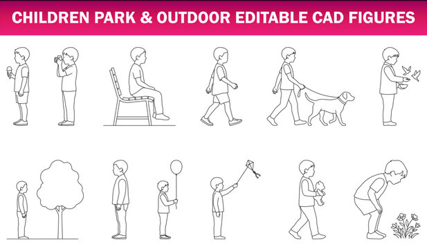 Children Park and Outdoor CAD Figures Kids Walking Dog, Holding Balloon, Flying Kite, Feeding Birds and Nature Exploration &ndash; CAD Block Set Side Elevation, Clean Thin Line Architectural Style