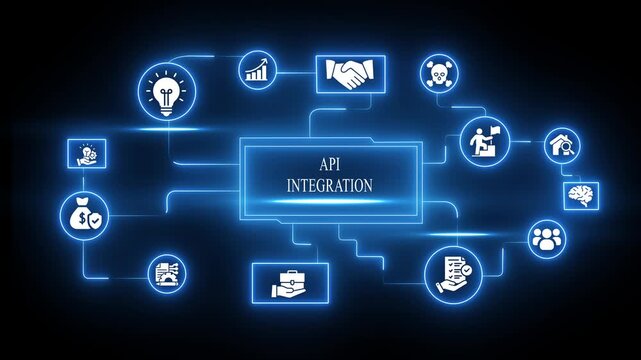 Api integration concept with glowing digital network and connected business data nodes software development