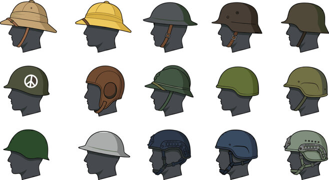 Military and protective helmet collection, historical combat and safety headgear styles, vector illustration icon set