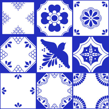 Set of traditional mexican talavera tile patterns. Blue and white ceramic art from Puebla. Mediterranean geometric ornament with flowers, leaves, swirls, bird motifs. Vector background.