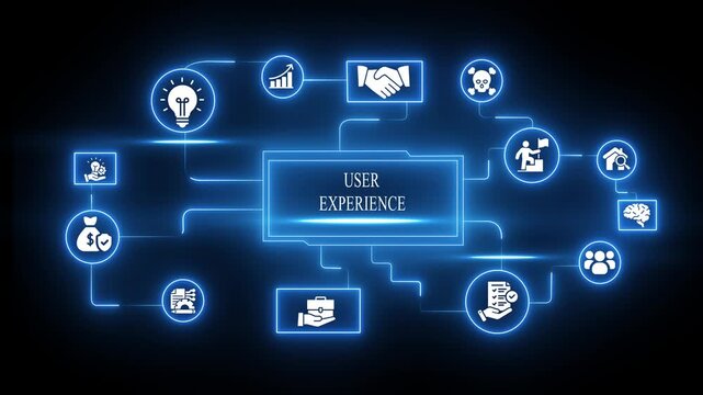 User experience ux concept with glowing digital network and connected business infographics digital interface