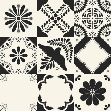 Set of traditional mexican talavera tile patterns. Ceramic art from Puebla. Mediterranean geometric ornament with flowers, leaves, swirls, bird motifs. Vector background.
