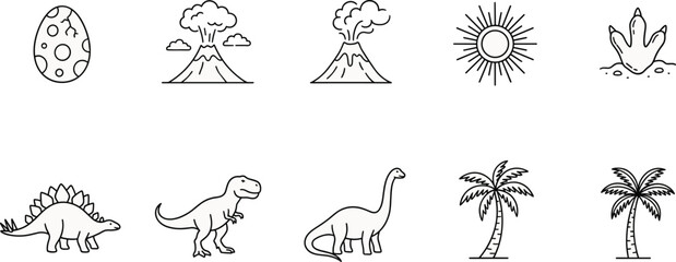 Prehistoric dinosaurs and volcano icons collection, ancient earth evolution illustration, Jurassic wildlife and natural history concept © Vexora Studio