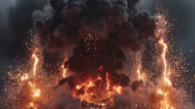 Dramatic explosion, fire and smoke, intense blaze, destructive inferno