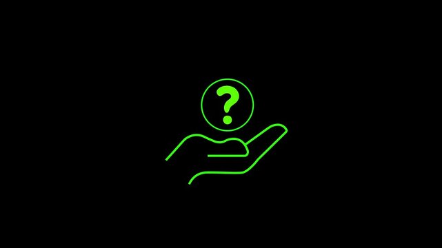 Neon green question mark floating above open hand animation on black background, help support