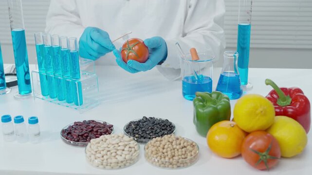 Scientist check chemical food residues, Swab for check chemical, Control experts inspect quality of vegetables. lab, hazards, ROHs, find prohibited substances, contaminate, Microscope, Microbiologist