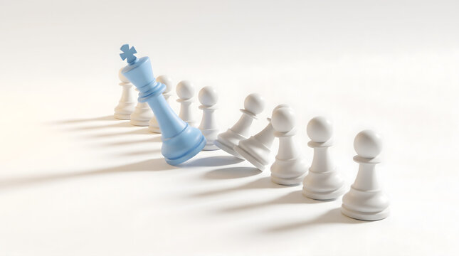 Blue chess king stopping the domino effect of falling white pawns, business leadership and crisis management concept