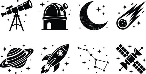 Astronomy and space exploration icon set featuring telescope observatory rocket ship planet moon and stars silhouettes © Manik