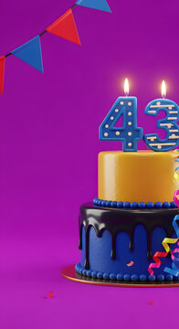 3D render of a two tier birthday cake with number forty three candles on purple background