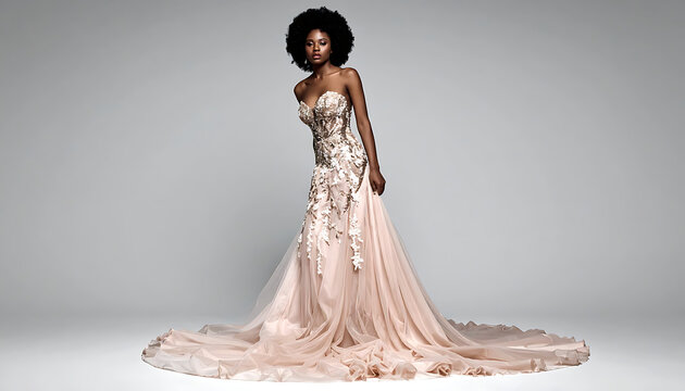 Elegant woman in a flowing formal gown adorned with shimmering sequins and floral appliques, posing gracefully on a muted backdrop