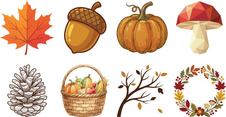 Autumn and thanksgiving harvest vector icon set featuring maple leaf, acorn, pumpkin, low poly mushroom, pinecone, and harvest basket © Manik