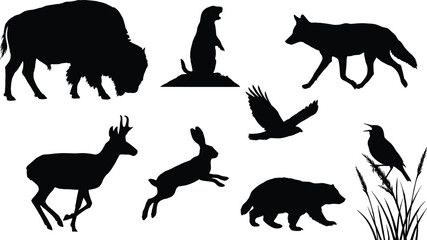 Fototapeta premium Wildlife Animal Silhouette Illustrations Featuring Bison, Wolf, Deer, Hare, Bear and Birds in Natural Poses