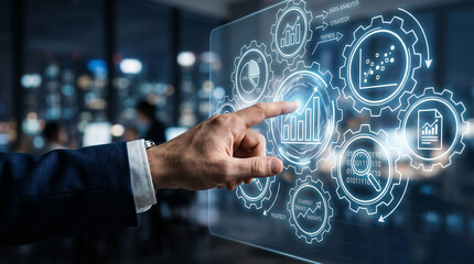 Obraz premium Businessman interacting with futuristic data analysis interface