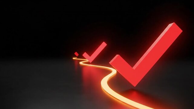 Glowing check marks appear one by one along a luminous path on a dark background. Futuristic success, approval, completed tasks, workflow progress and achievement concept in motion.