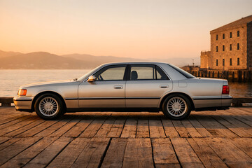 Obraz premium Elegant silver classic sedan resting on a wooden dock at sunset overlooking the calm ocean