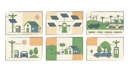 Fototapeta premium Renewable energy microgrid infographic with solar panels and EV charging