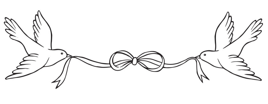 Dove with a ribbon. Doodle illustration, vintage style. Wedding decoration