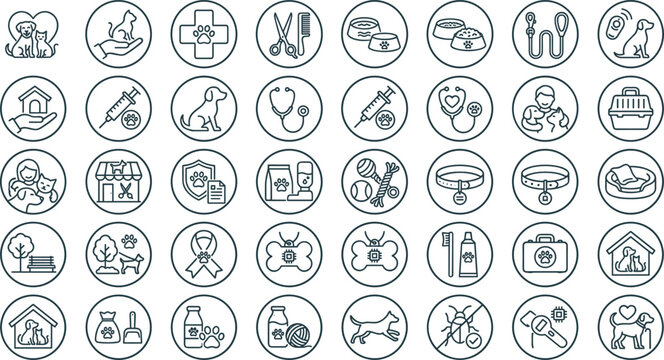 Pet Care and Veterinary Medicine Thin Line Icon Set featuring Dog Grooming Cat Health Clinic Food Supplies Microchip Vaccine and Animal Adoption Symbols