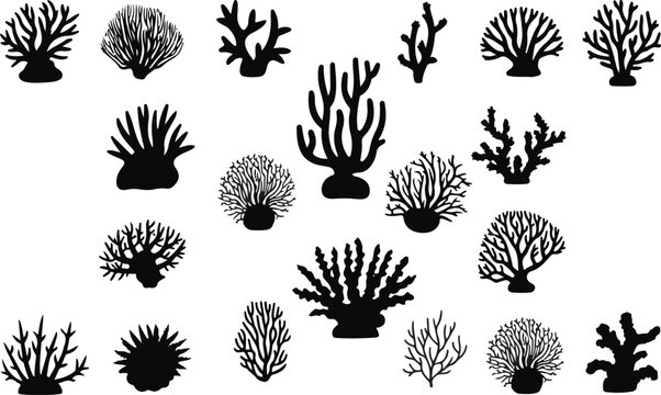 Deep ocean floor seaweed and aquatic flora stencil graphic collection with various biological coral shapes for summer beach tropical aquarium pattern designs.