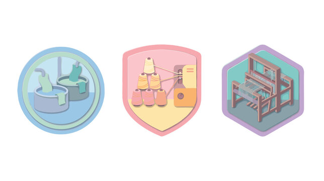 Textile manufacturing process icons with dyeing spinning and loom