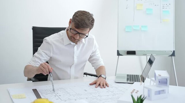 Architect drawing building plans on blueprints using a compass, creating a new construction project design, working on engineering and drafting tasks in an office