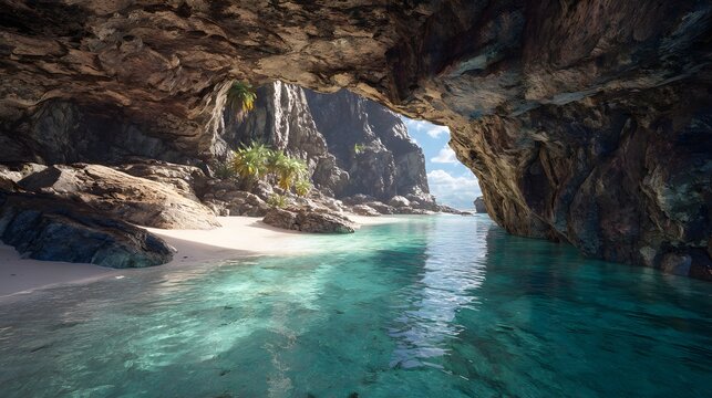 View from a rocky coastal cave looking out to a white sand beach and turquoise ocean water