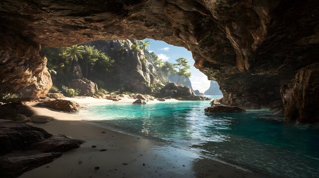 Tropical coastal cave opening to a hidden beach with turquoise water and white sand dunes