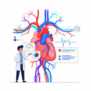 Doctor examining human heart and circulatory system with digital interface.