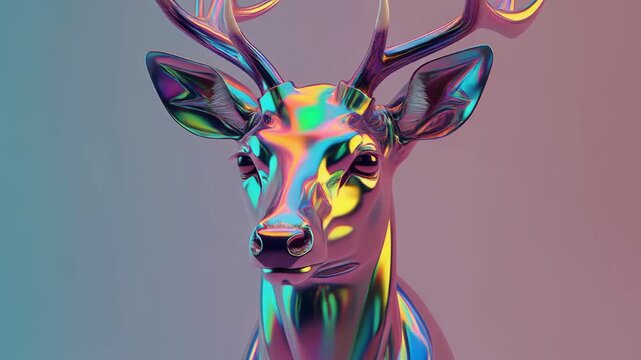 Iridescent holographic deer head sculpture with large antlers.