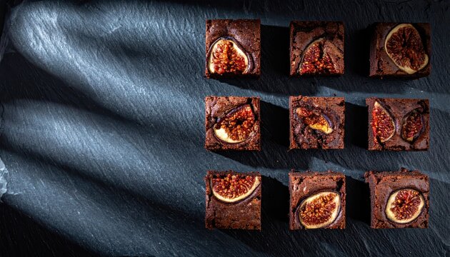 Decadent chocolate fig brownies, perfectly baked squares with rich, dense fudgy texture, a delightful sweet treat.