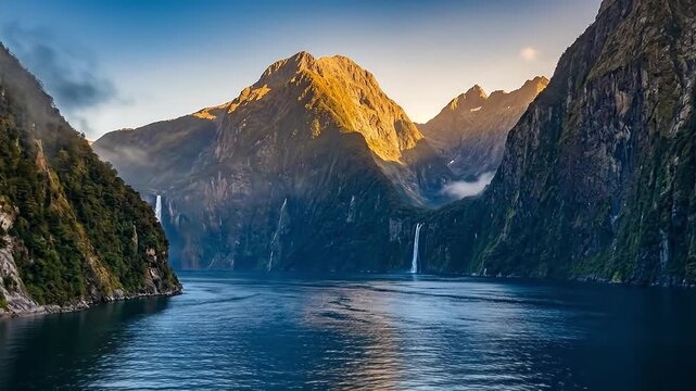 Drone flies through the majestic Milford Sound fjord in New Zealand at sunrise. Towering mountains, cascading waterfalls, calm water and dramatic wilderness create a breathtaking scene.