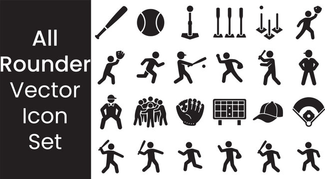 Diverse vector icons for baseball or rounders with various sport poses and equipment.