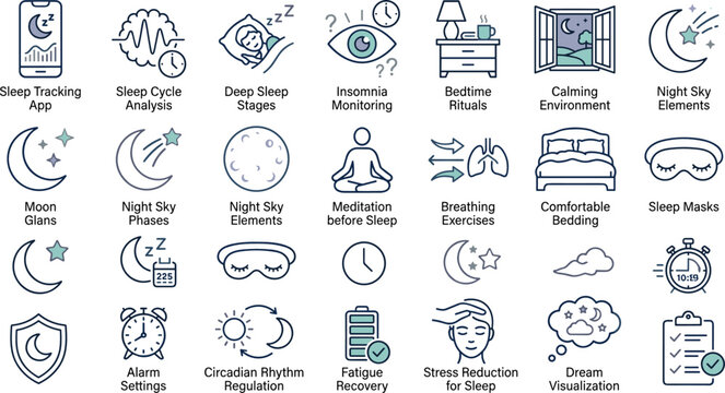 Healthy Sleep Tracking and Insomnia Monitoring Line Icon Set with Night Cycle App Bedtime Rituals Meditation and Circadian Rhythm Regulation Symbols