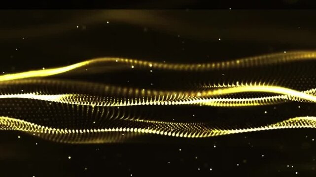 Glowing gold particles and gold particles wave animation background video. Abstract movement background, shining lights, energy waves and sparkling particles, capable of rotating.