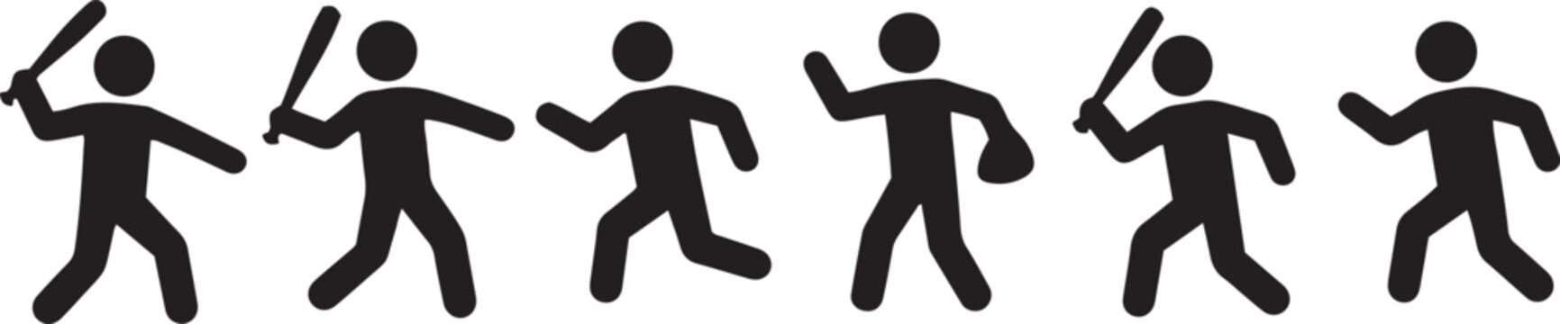 Baseball player set silhouettes including batter pitcher runner and infielder vector art.