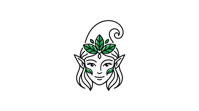 Elven forest goddess face logo with leaf crown.