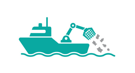Obraz premium Industrial fishing boat with a net catching fish, commercial fishing industry, food supply chain icon