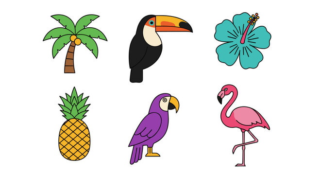 Pixel art tropical icons set with palm tree, toucan, hibiscus, pineapple, parrot, and flamingo for retro game design